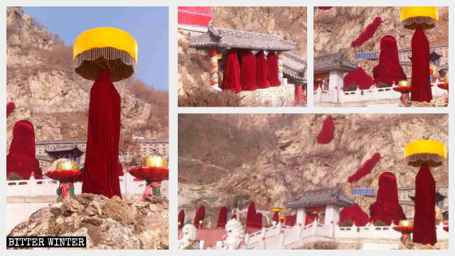 千佛洞露天佛像被紅布包裹 千佛洞露天佛像被紅布包裹