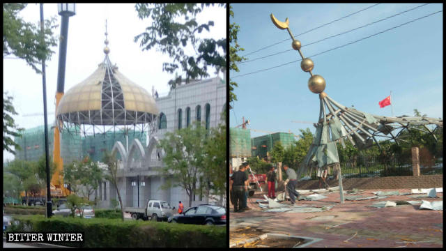 清真寺頂的伊斯蘭標誌被拆