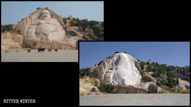 墨石山彌勒佛被遮蓋前後 墨石山彌勒佛被遮蓋前後