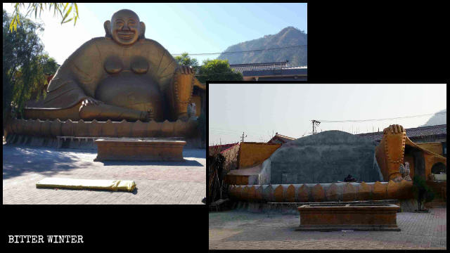 河北唐山市遷西縣景忠山寺廟裡一座露天彌陀佛像被拆除。