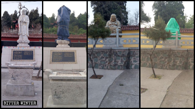 淄川區崑崙鎮崑崙山一座廟宇內的地藏菩薩、彌勒佛兩尊露天佛像也被遮蓋。（前後對比圖）