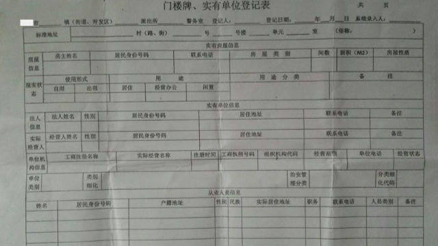 《門樓牌、實有單位登記表》(知情人提供) 《門樓牌、實有單位登記表》(知情人提供)
