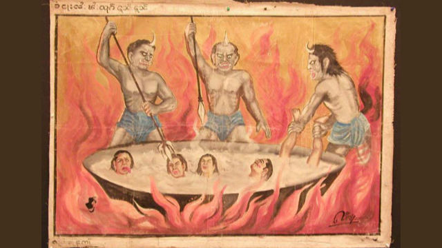 佛教漫畫：行為可恥的人在地獄被魔鬼折磨的場景