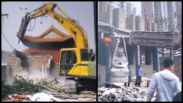 呈現被拆毀後的旃檀寺的微信視頻截圖