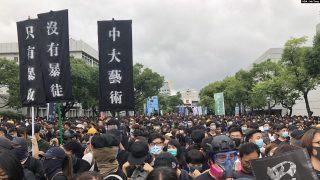 9月2日在香港中文大學百萬大道舉行的全港大專及中學生罷課集會（美國之音湯惠芸）