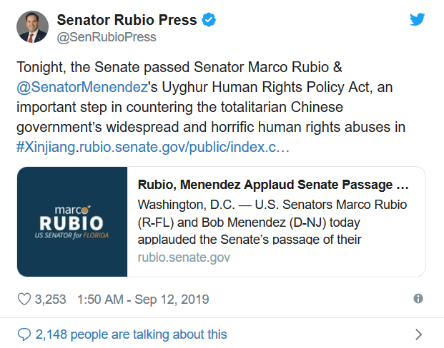 9月11日与12日之间的深夜，马可·卢比奥参议员在Twitter上就参议院这一重要投票发帖