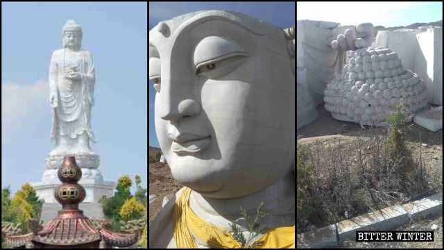 內蒙古烏蘭察布市一陵園內釋加牟尼佛像被拆除（左圖為陵園官網圖片，中、右圖為記者拍攝）