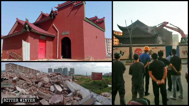 南豐縣一福主廟被拆前後（左二圖為記者拍攝，右圖為知情人提供）