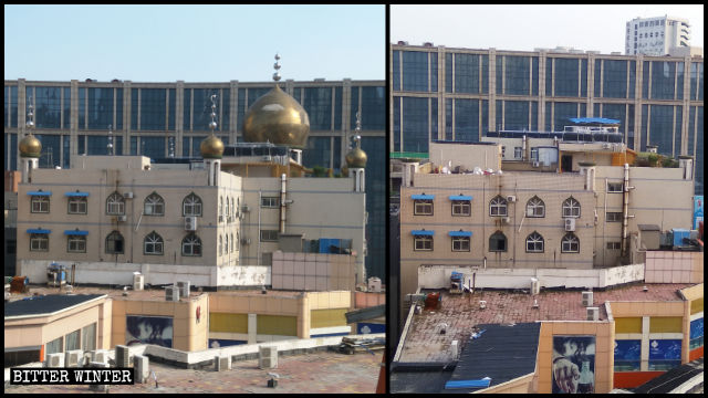 花園街清真寺頂部七個圓頂及新月標誌被拆前後