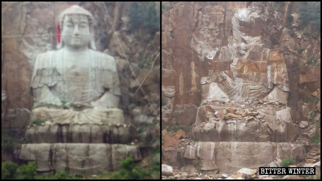 釋迦牟尼石雕刻被炸毀前後（左為知情人提供，右為記者拍攝）