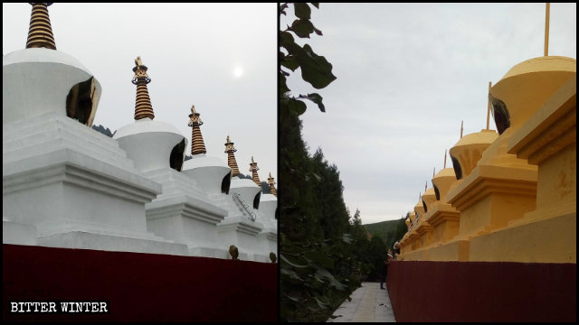 今年8月聖泉寺佛塔塔身被塗成黃色，金色塔尖被拆掉