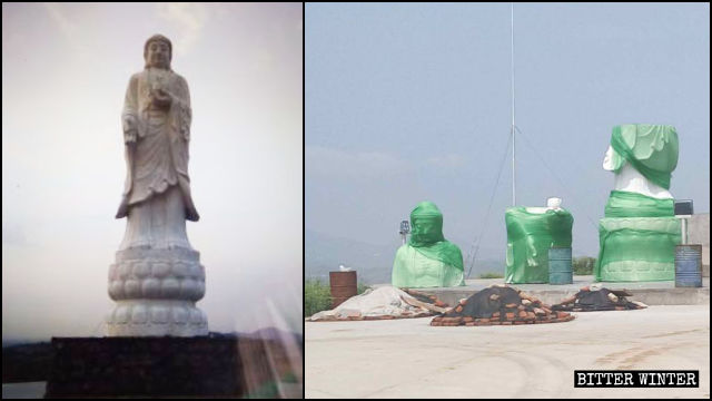 8月，福泉寺的佛像被拆（左為知情人提供，右為記者拍攝）