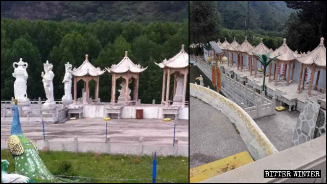 忻州市一寺廟外50多尊佛像被拆毀（左為知情人提供，右為記者拍攝）