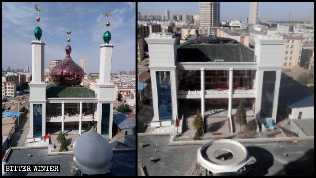 清真北寺頂部的伊斯蘭標誌被拆前後