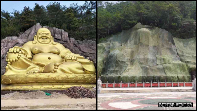彌勒佛像被封蓋前後（左為知情人提供，右為記者拍攝）