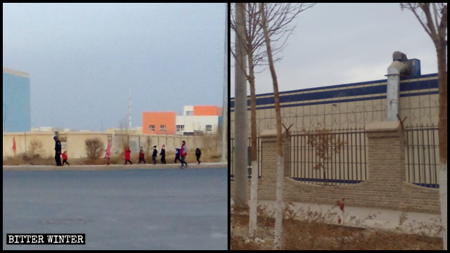 一個警察帶著一群維族孩子前往福利院；右圖是當地一所教育轉化營