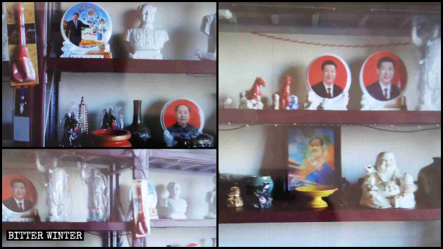 一間佛教用品店被改成工藝品店後，貨架上陳列著許多毛澤東和習近平的畫像和瓷像