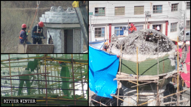 工人正在施工拆除清真寺宗教標誌中
