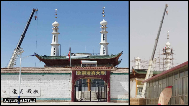 甘肅省白銀市永樂清真大寺穹頂和宣禮塔於今年4月被拆除（知情人提供）