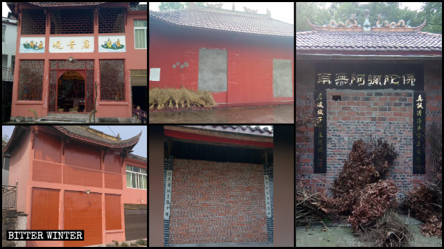許多寺廟門窗被用磚塊或木板封死