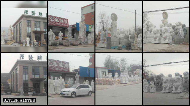 曲陽縣的石雕廠外擺放的宗教塑像被移走或遮蓋