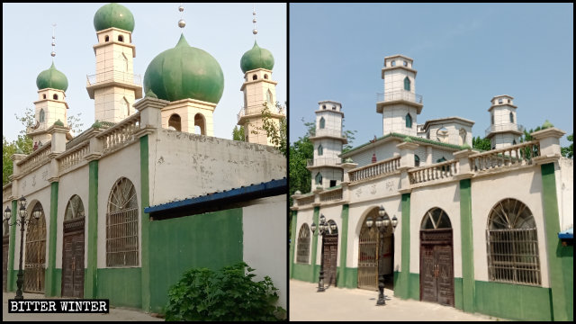 民權縣褚廟鄉清真寺5個圓頂和星月標誌全被拆除（前後對比圖）
