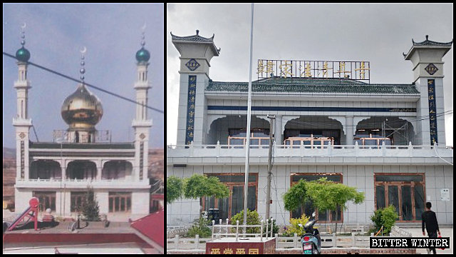 唐家灣村韓家窪清真寺的圓頂以及宣禮塔被拆除（左圖為知情人提供，右圖為記者拍攝）
