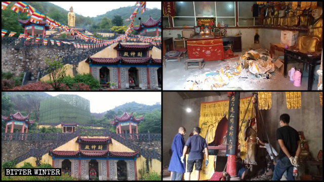 湖北各地砸毀、封蓋宗教造像(左列2圖由記者拍攝,右列2圖由知情人提供)