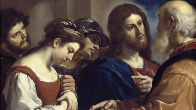 「基督與行淫時被捉的婦人」：喬瓦尼·弗朗切斯科·巴比耶里（又圭爾奇諾，1591－1666）（公共領域）