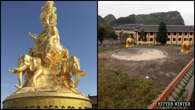 迴龍溪溫泉度假區內十面佛像被拆（左為知情人提供，右為記者拍攝）